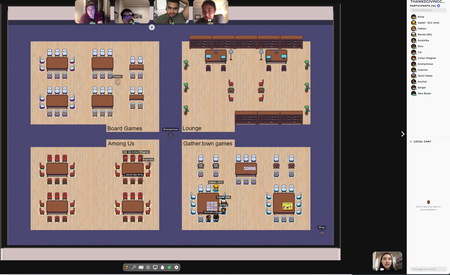 A computer screen showing a virtual set of rooms with avatars milling about within while, above, several video streams of the human participants watch.