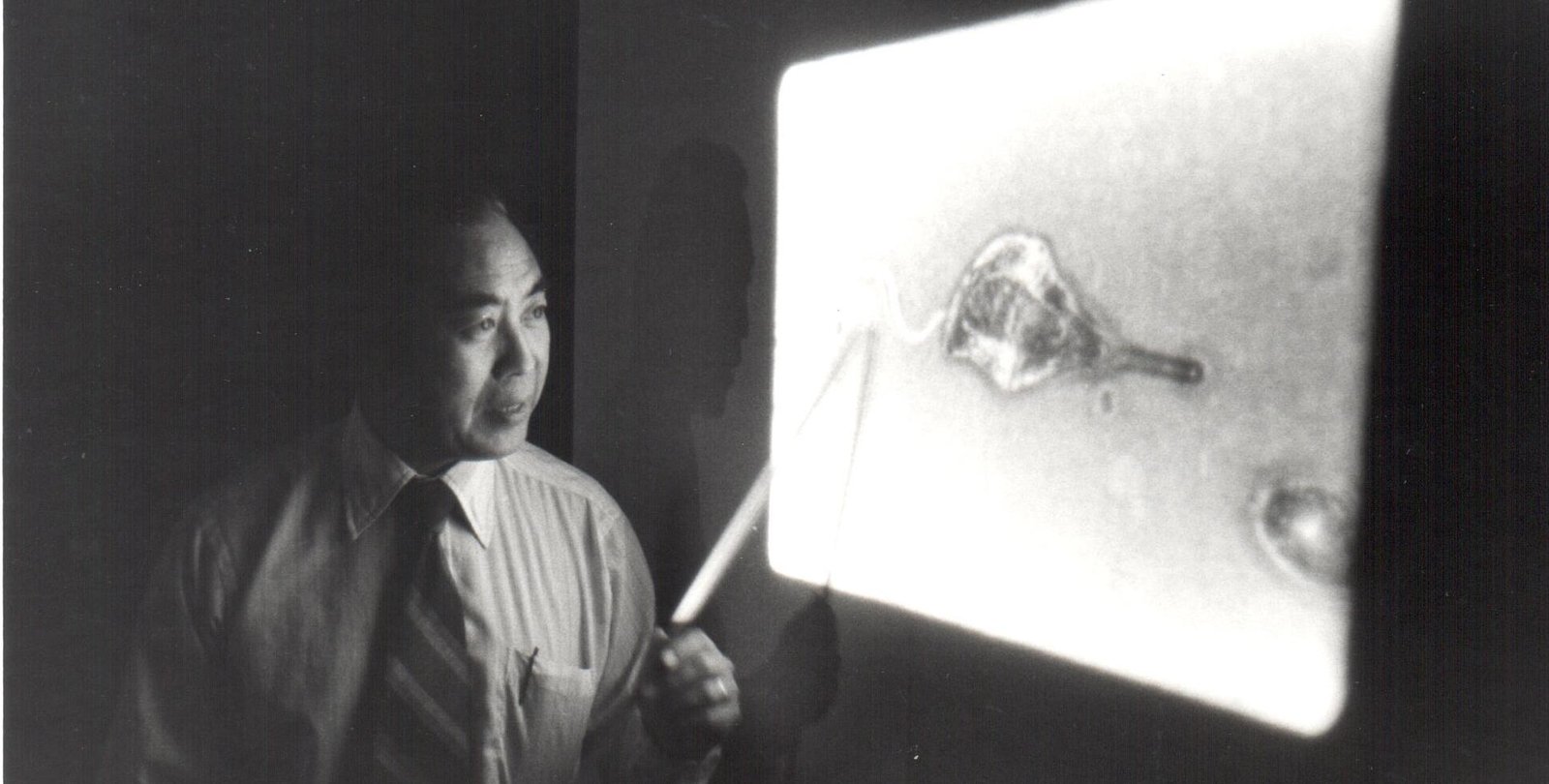 A black-and-white photo of a man wearing a shirt and tie stands at a projector screen in a darkened room. He points at the image on the screen.