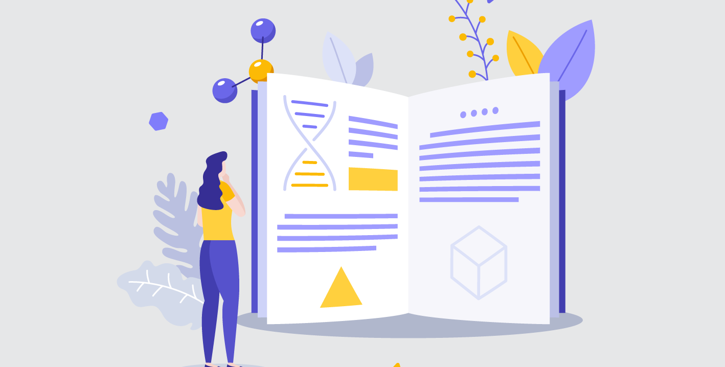 An artist's representation of a woman looking at a research book and thinking.