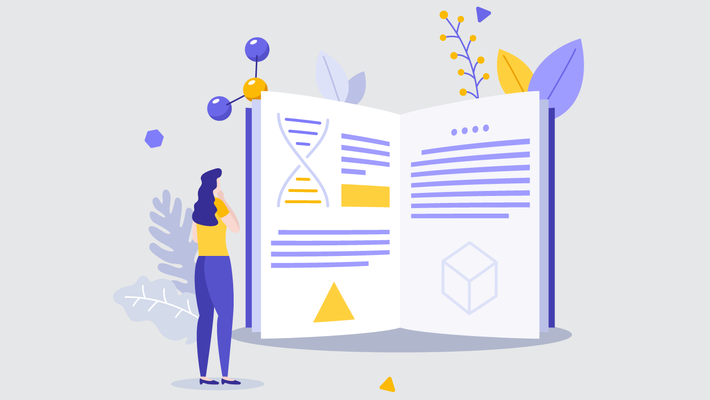 An artist's representation of a woman looking at a research book and thinking.