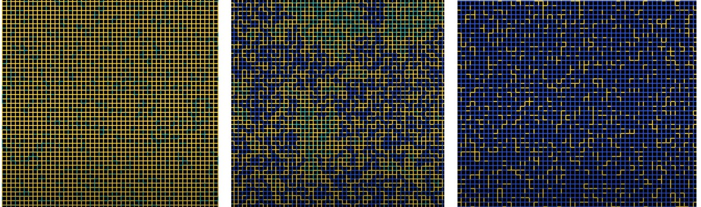 These images show three different phases in a percolation model: before, at, and beyond the critical phase transition