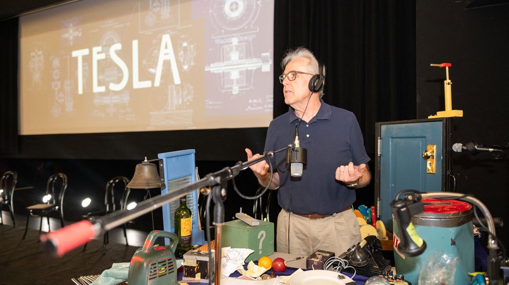 Sound effects artist Tony Palermo in Tesla: A Radio Play for the Stage