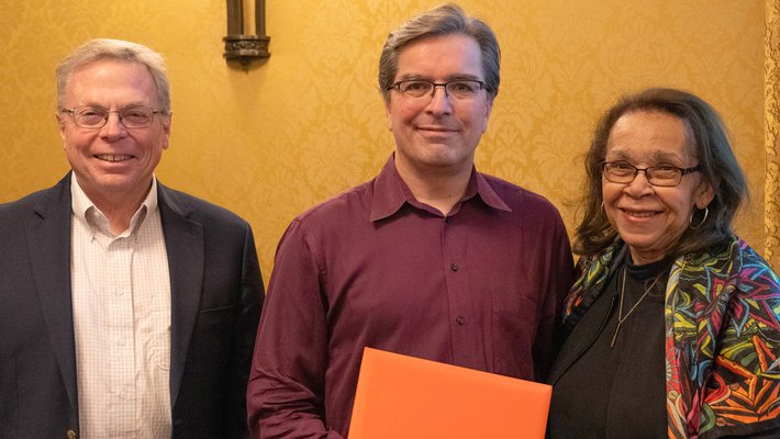 Mike Vicic stands between David Tirrell on the left and Shirley Malcom on the right.