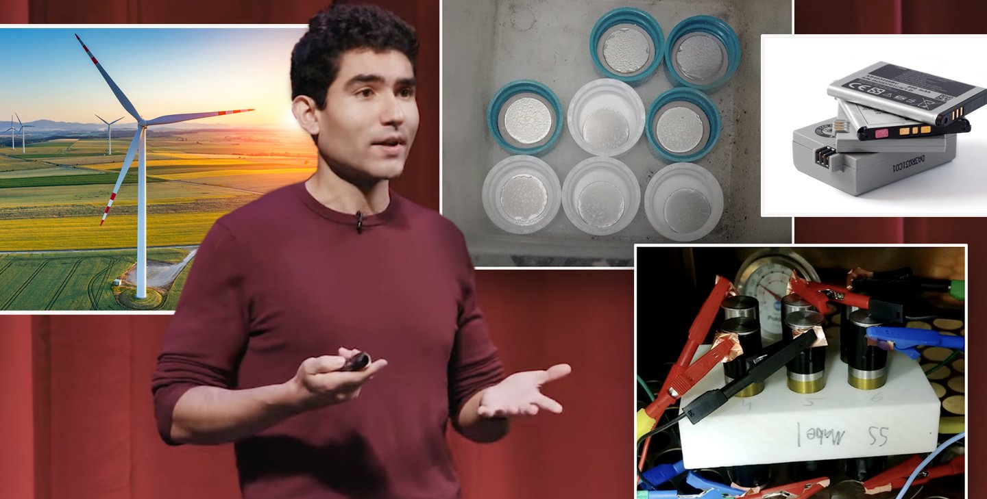 A composite image showing graduate student Fernando Villafuerte, standing in front of a red curtain. Around him are images of wind turbines and batteries.