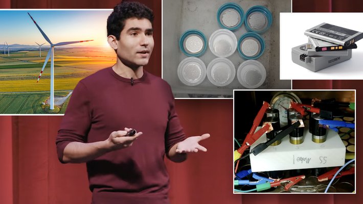 A composite image showing graduate student Fernando Villafuerte, standing in front of a red curtain. Around him are images of wind turbines and batteries.