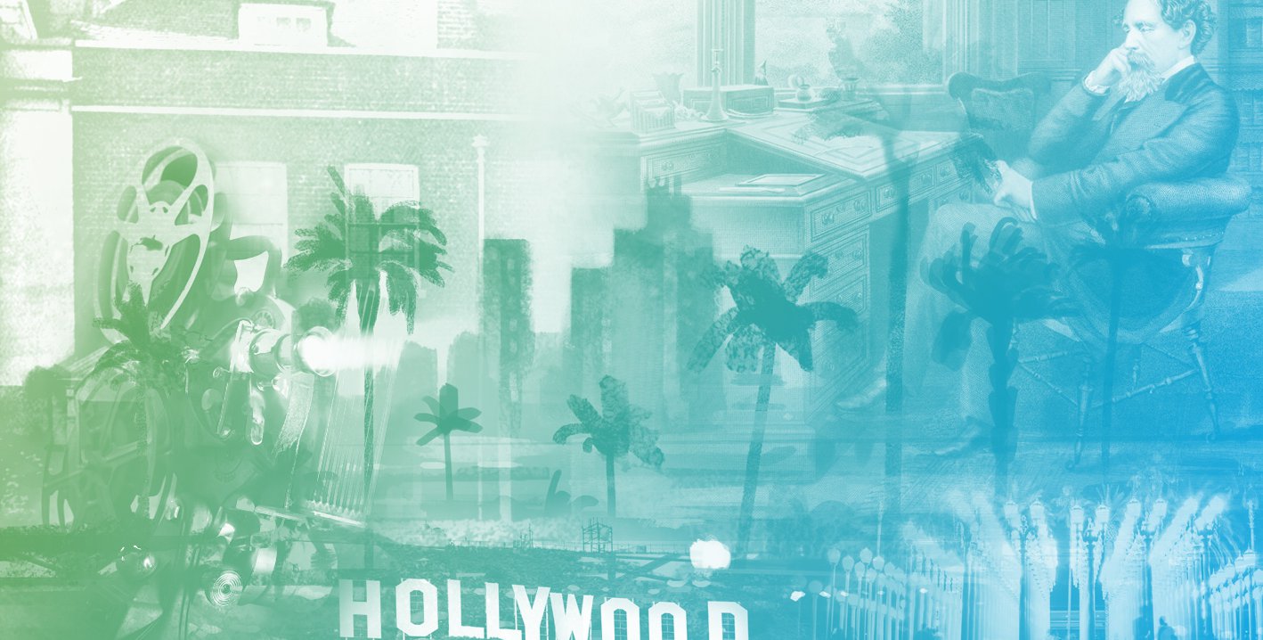 collage of old hollywood, Charles Dickens' London, and art in Los Angeles imagery.