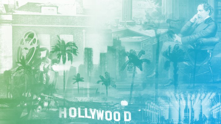 collage of old hollywood, Charles Dickens' London, and art in Los Angeles imagery.