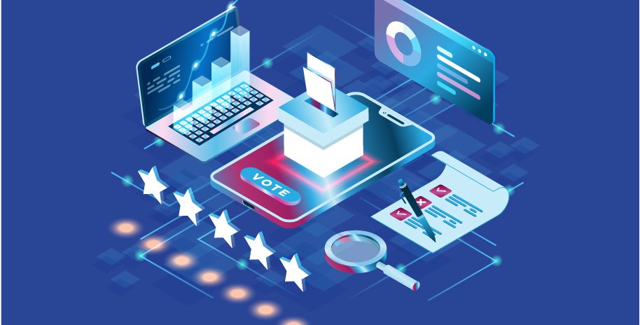 Isometric illustration of a ballot box, phone, computer, stars, magnifying glass, charts, and a checklist