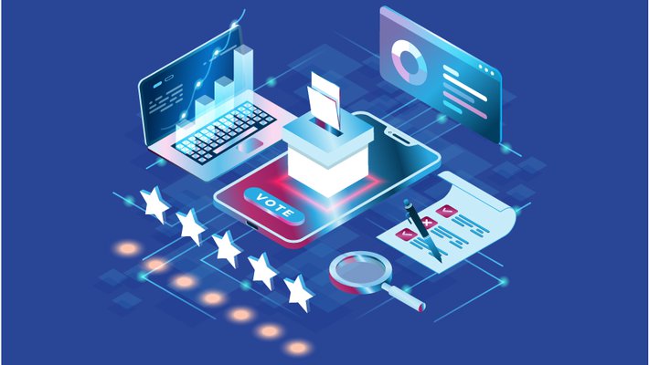 Isometric illustration of a ballot box, phone, computer, stars, magnifying glass, charts, and a checklist