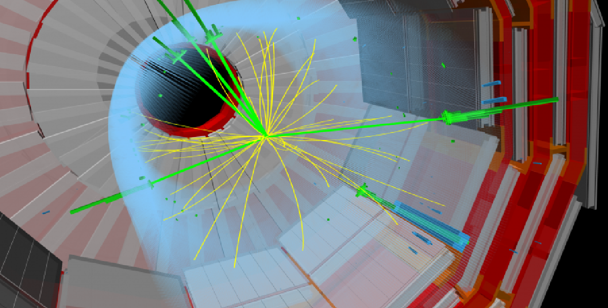 An artist's depiction of a boson-producing event. Colored streaks emanate from within a cylinder.