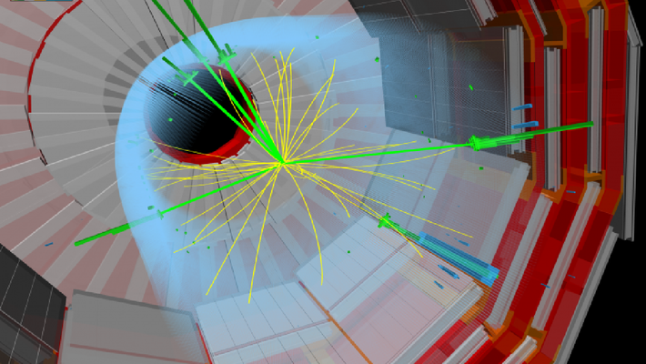 An artist's depiction of a boson-producing event. Colored streaks emanate from within a cylinder.