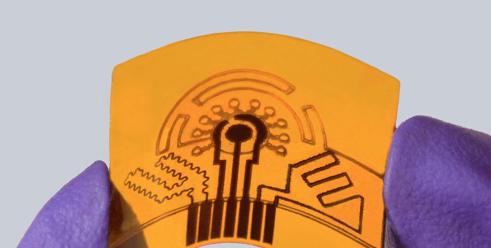 Fingers inside a purple laboratory glove hold a flexible membrane sweat sensor.