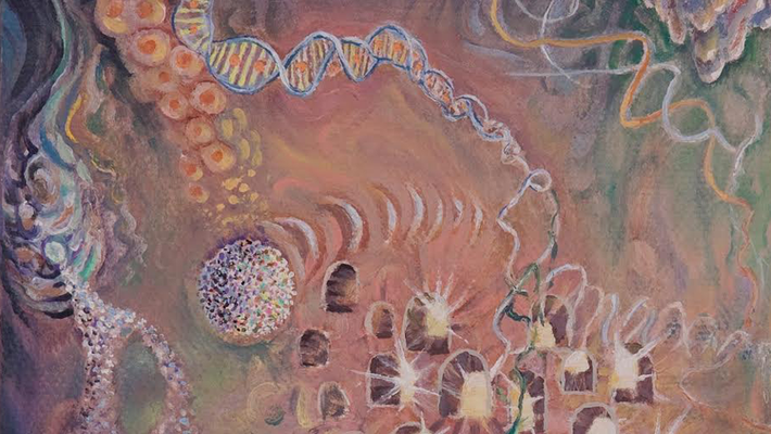 A man at a computer. Artistic biological objects flow from it.