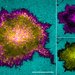 Three images of turquoise backgrounds with supernova-like magenta and yellow shapes in the center