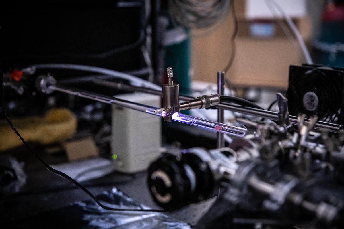 Photo shows the lab setup for making graphene with plasma.