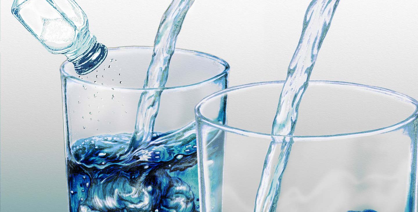Two glasses of water, one with salt (representing electrolytes) in it