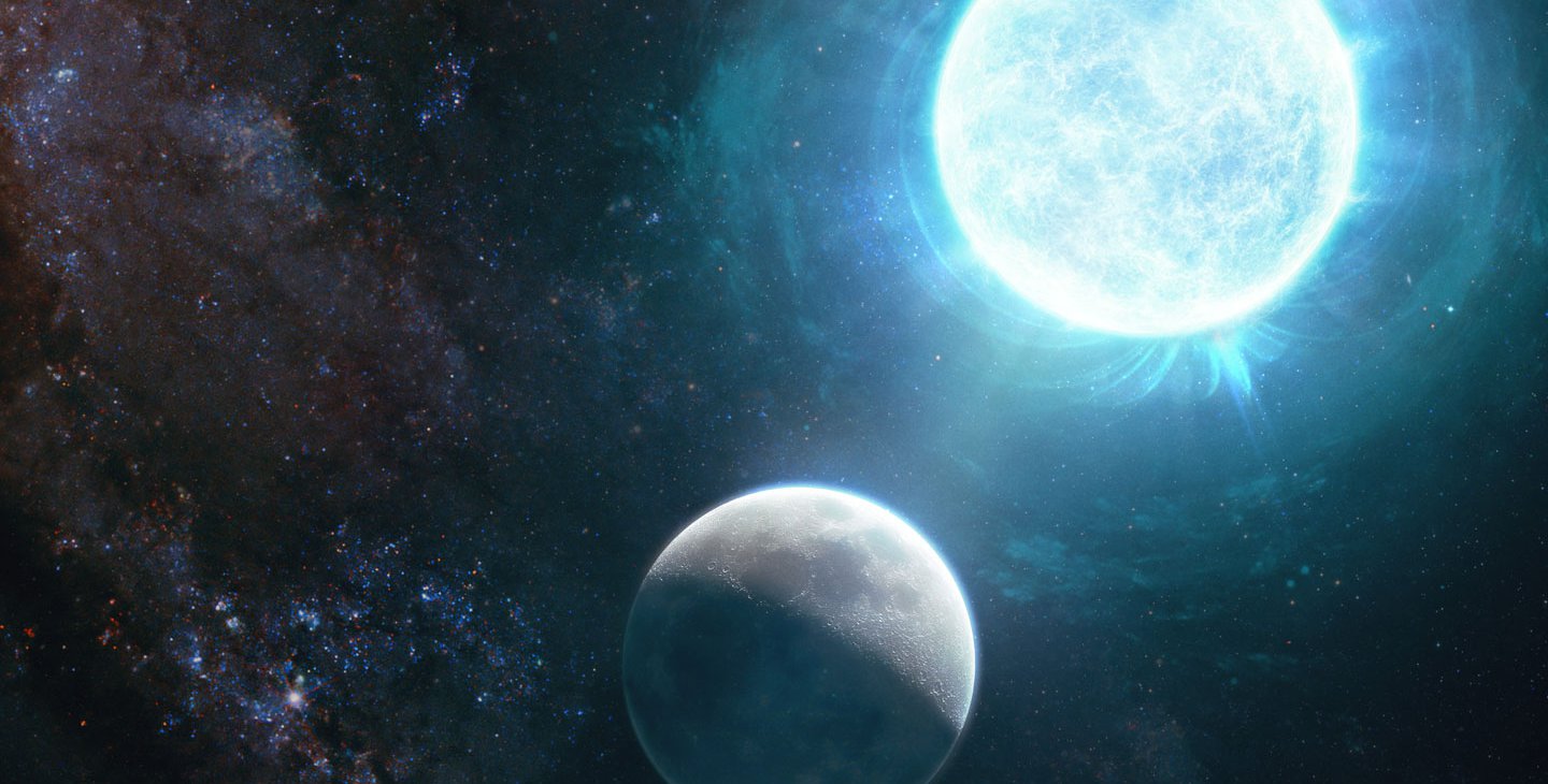 Artwork of a white dwarf in comparison to Earth's moon.