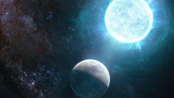 Artwork of a white dwarf in comparison to Earth's moon.