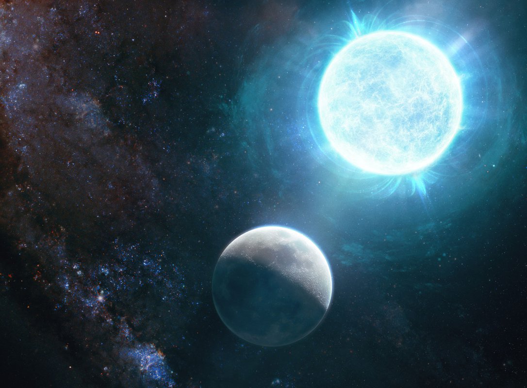 Artwork of a white dwarf in comparison to Earth's moon.