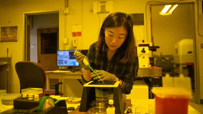 Mechanical engineering graduate student Wenxin Zhang works in the nano-fabrication lab. She holds a pipette and stands in front of a piece of benchtop equipment.