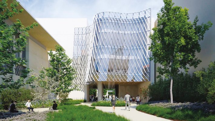 Drawing of a curvy new building with pedestrians walking in front on sidewalks.