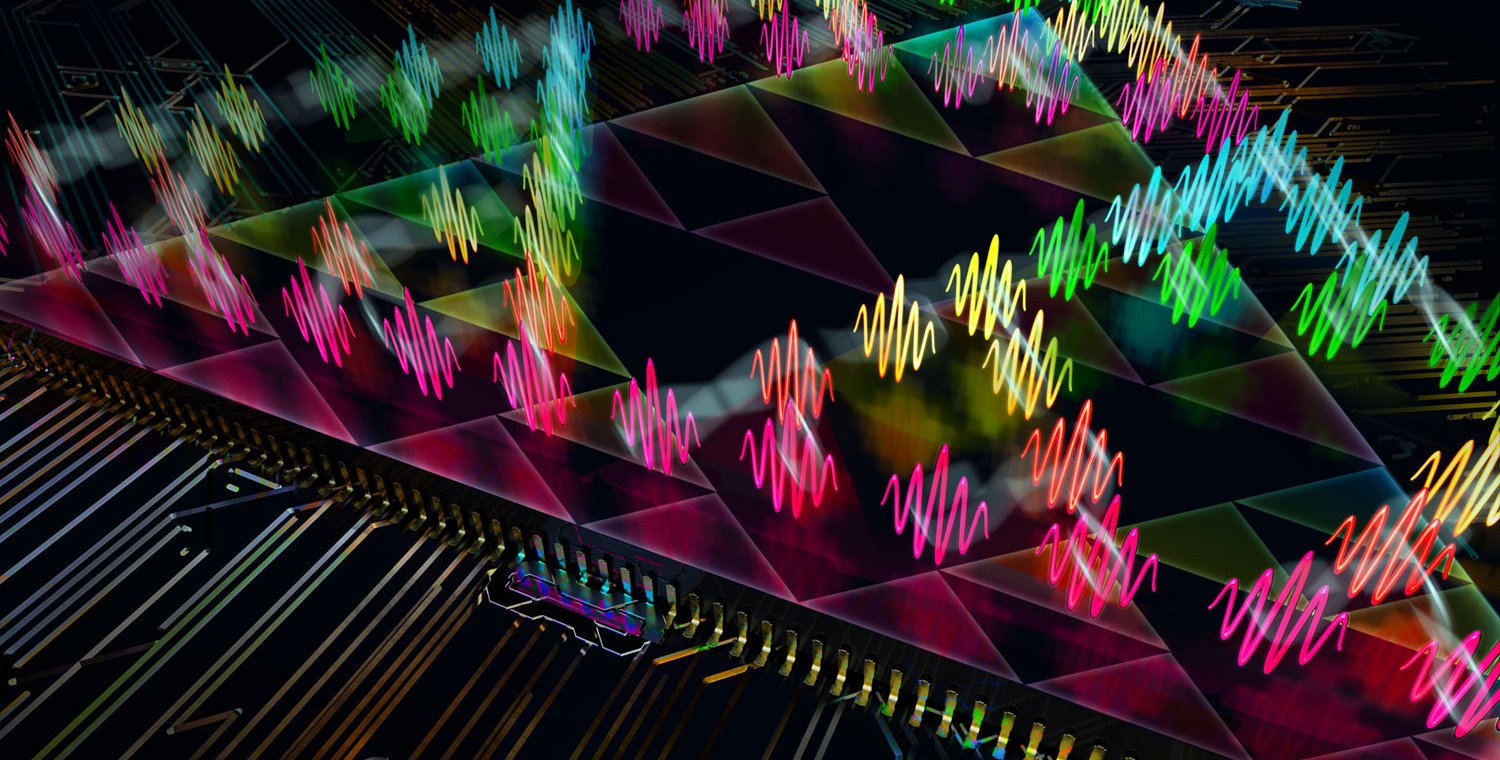 An artist's concept of a light-based cellular automaton. Little waves of different colors represent "cells."