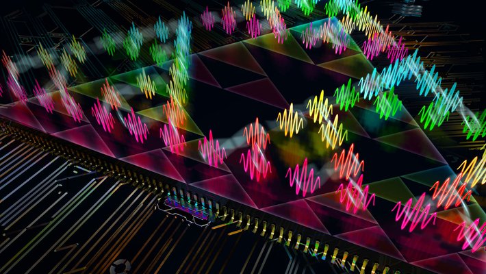 An artist's concept of a light-based cellular automaton. Little waves of different colors represent "cells."