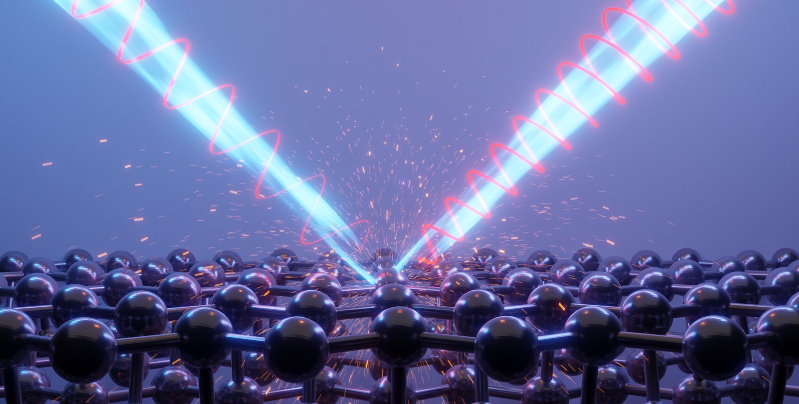 A computer generated image of a bean of light bouncing off a sheet of atoms (represented by spheres). The light has a spiral feature that changes after it bounces.