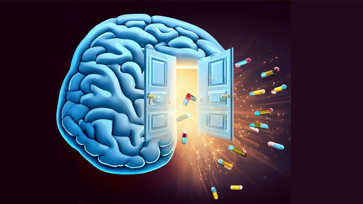 Illustration of a brain with an open door and molecules entering and exiting