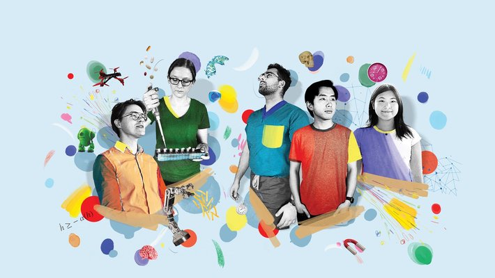 Brightly colored collage of Caltech student and young alumni entrepreneurs