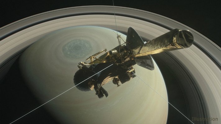 artist's concept of Cassini spacecraft hovering above Saturn's northern hemisphere