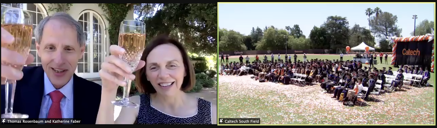 Zoom screenshot with Rosenbaum and Faber on the left and the graduates on the right