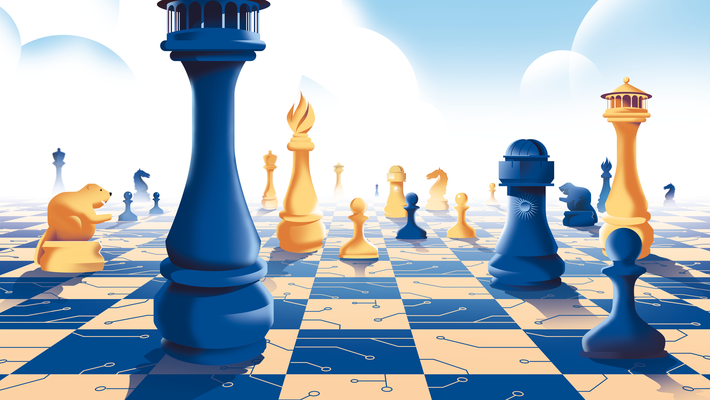 chess pieces on board with sky and clouds above