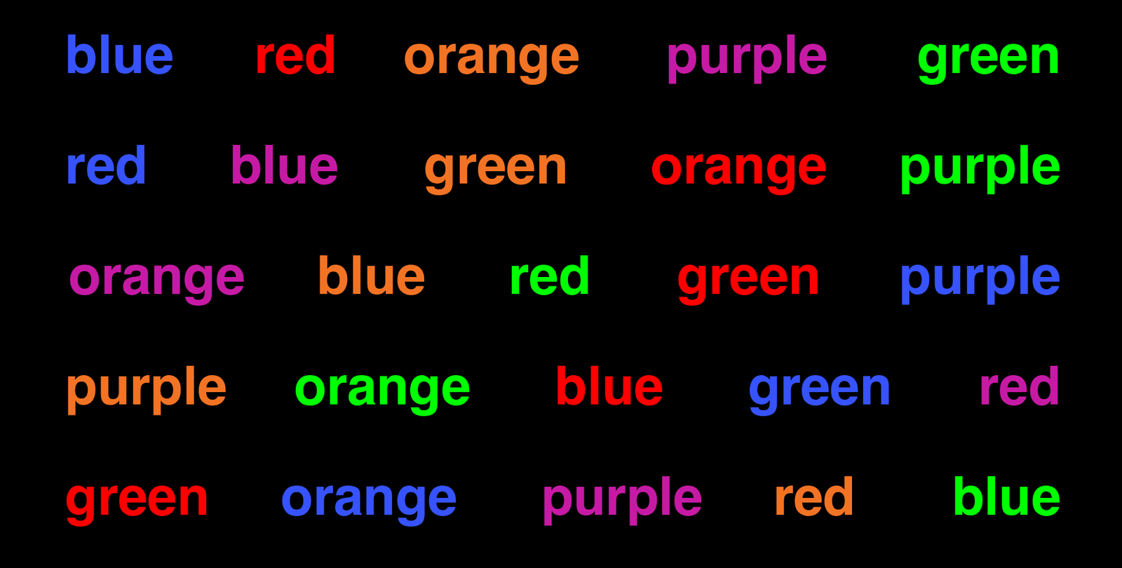 Names of colors printed in other colors
