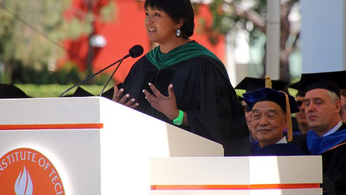 photo of Mae Jemison speaking at Caltech's 2017 Commencement