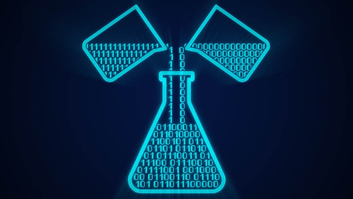 An artist's representation of computational chemistry. Two beakers pour zeros and ones into a beaker.
