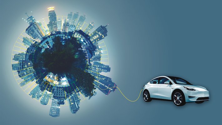 Futuristic city with electric car plugged into it