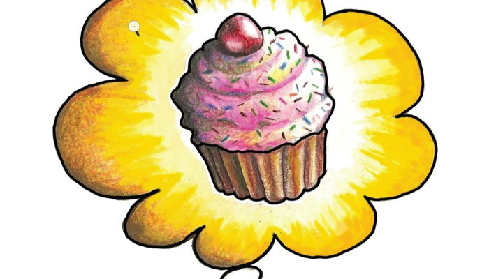 cartoon image of a cupcake in a thought bubble