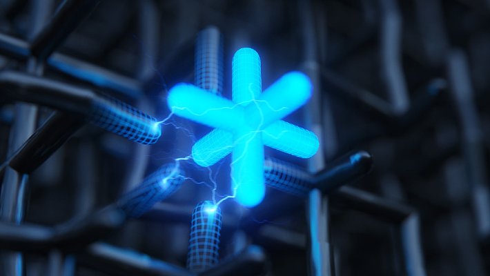 An artist's concept of termite-inspired nanoarchitecture. A grid of identical black structures is in the background. Another structure identical to the the ones in the background is in the foreground, glowing, with electricity coming off of it.