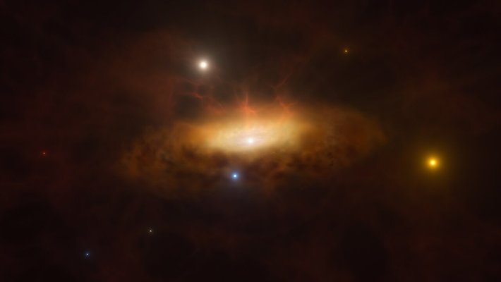 A glowing disc of material with cloudlike material around it are lit up in the center of a dark image with a few bright starlike spots.