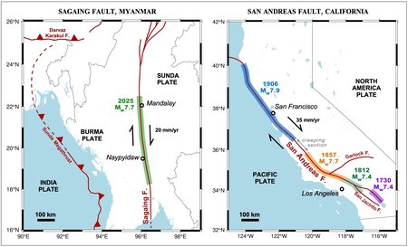 Two maps next to each other of Myanmar and California with lines highlighted in green, blue, and orange.