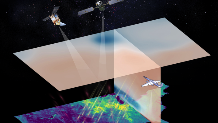 Artwork of satellites and aircraft monitoring land carbon fluxes.
