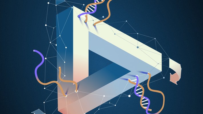A triangle shape similar to a recycling symbol with DNA strands in various states of binding on its sides