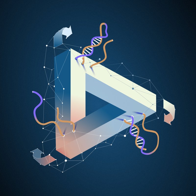 A triangle shape similar to a recycling symbol with DNA strands in various states of binding on its sides
