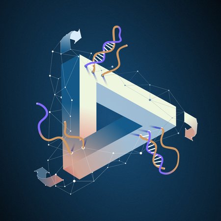 A triangle shape similar to a recycling symbol with DNA strands in various states of binding on its sides