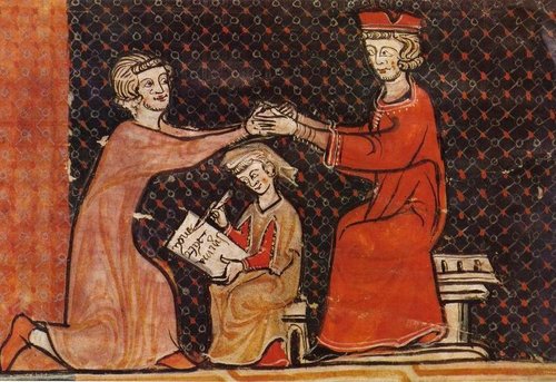 A medieval illustration of a man paying homage to a lord.