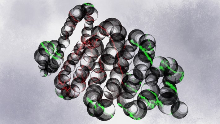 Illustration of spheres linked in a linear curving pattern, traced with red and green lines