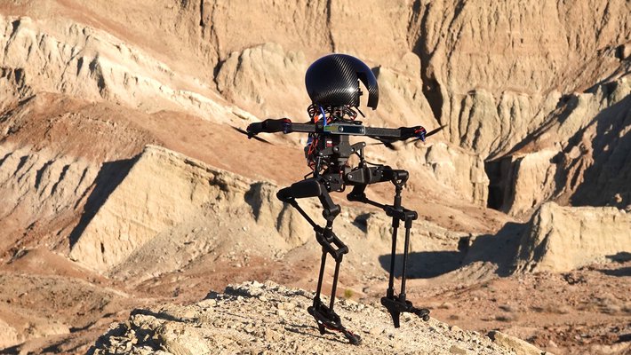 A black robot with a big, shiny head and spindly legs, flies over a rocky desert landscape with jagged hills in the background.