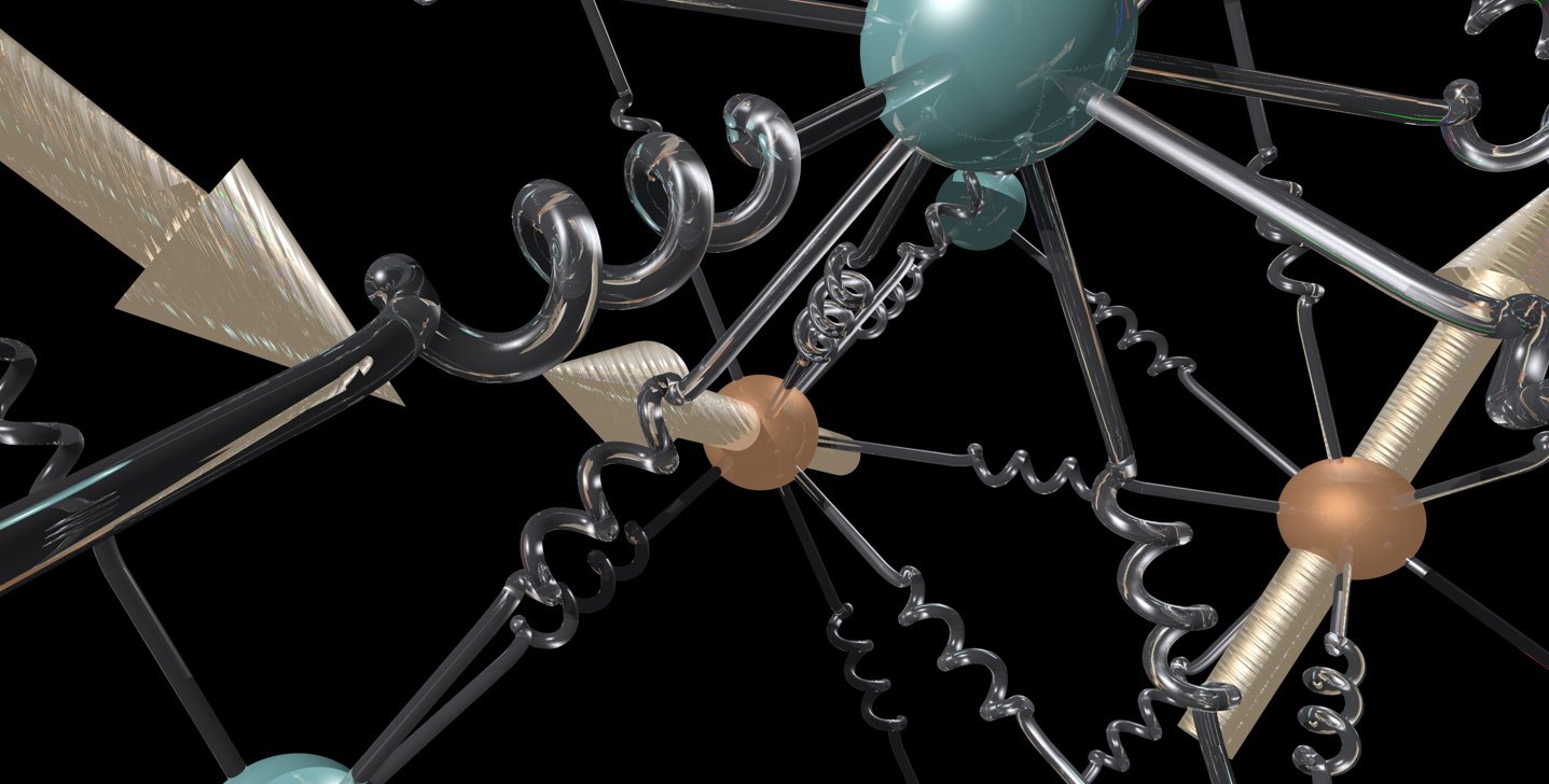 gold arrows (iron) and blue balls (nickel) connected in a formation with coils