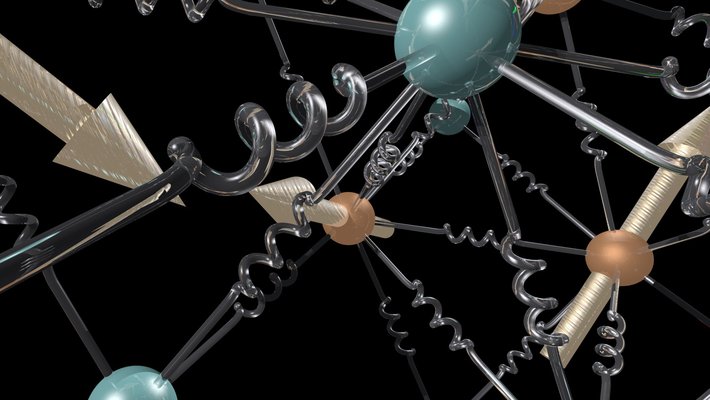 gold arrows (iron) and blue balls (nickel) connected in a formation with coils